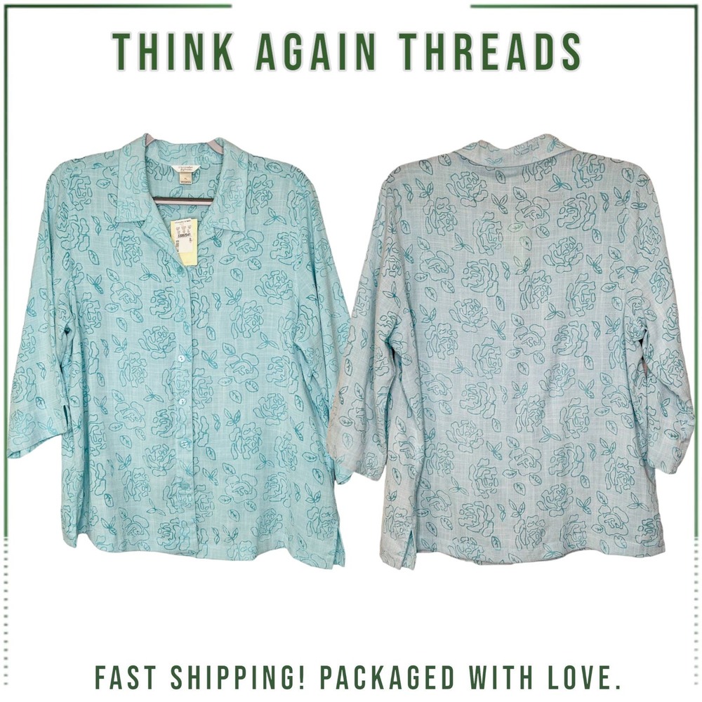 NWT Christopher & Banks Button Up Floral Print Blouse Light Blue Size XL